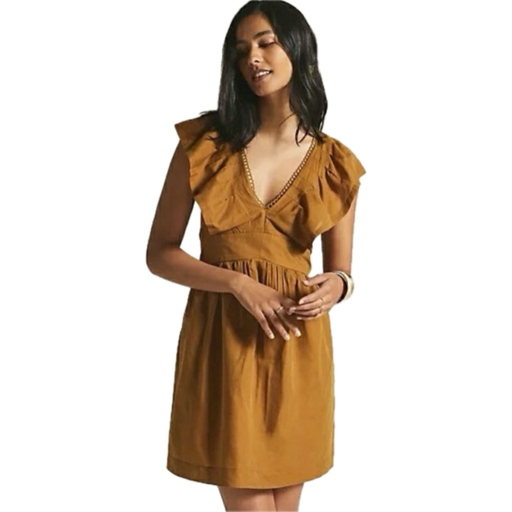 Anthropologie V Neck Plunge Tunic Ruffle Mini Dress Tan Camel Brown XS Petite